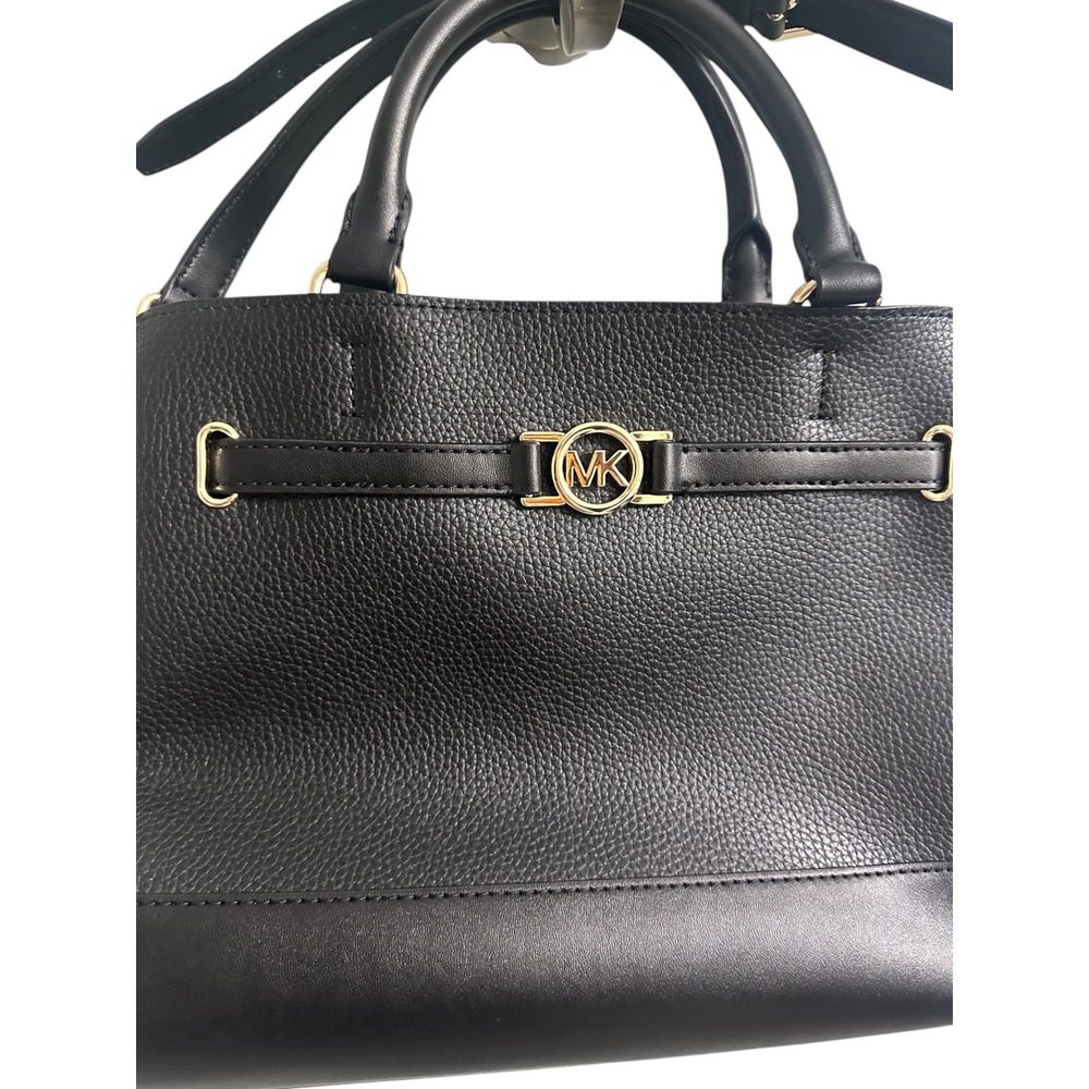 Michael Kors Black Leather Tote Handbag Gold Tone MK Logo Convertible Strap - Picture 2 of 3